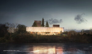 Rendered concept drawing of the theatre lit up at dusk from the river. 