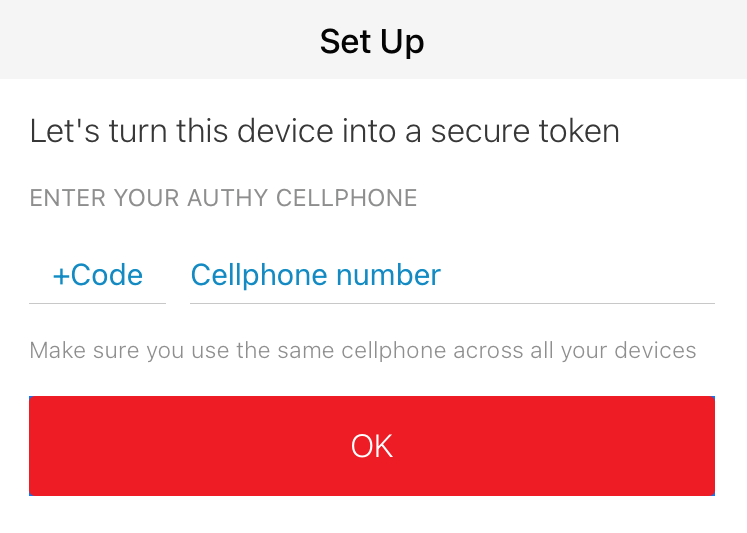 Example set up screen for authenticator application requiring a phone number entered. 