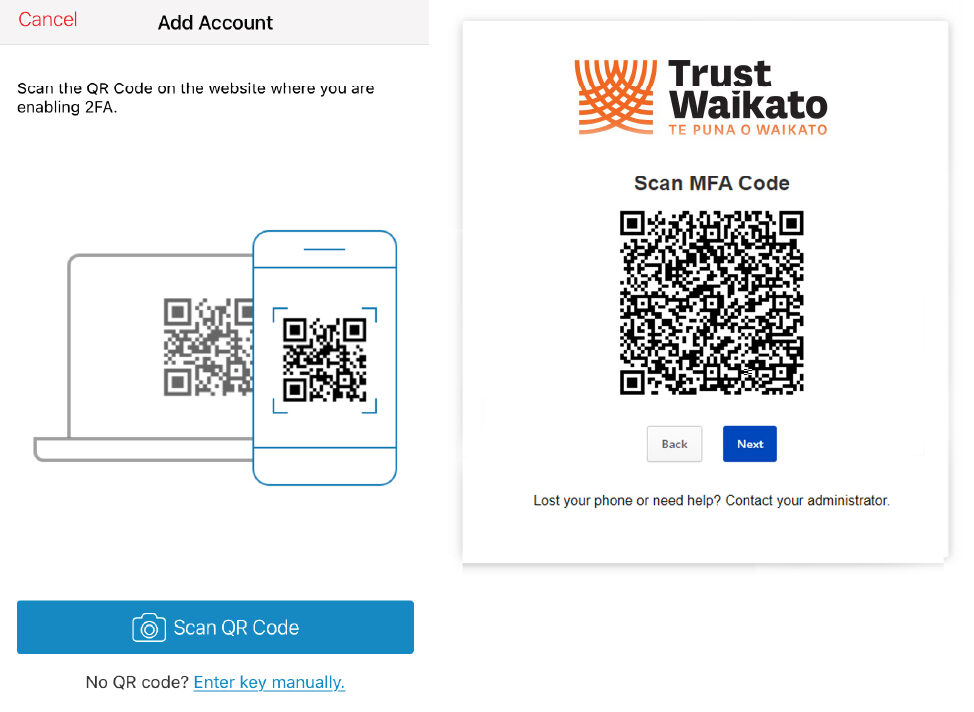 The authenticator app showing an image to scan a QR code on a website alongside the Trust Waikato grantee portal MFA configuration screen showing the QR code.