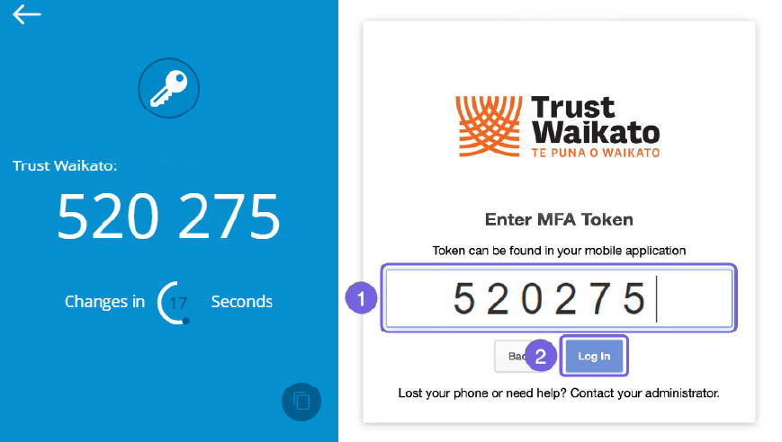 Authenticator screen showing six-digit code alongside the grantee portal screen requiring six-digit MFA token in mobile application to be entered before logging in.