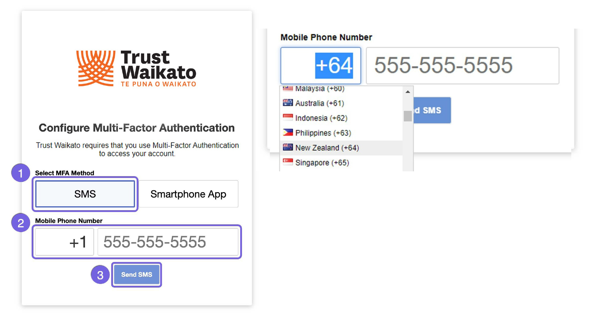 Trust Waikato grantee portal MFA configuration screen showing to select SMS (text-message) and entering the phone number alongside selecting New Zealand for area code +64.