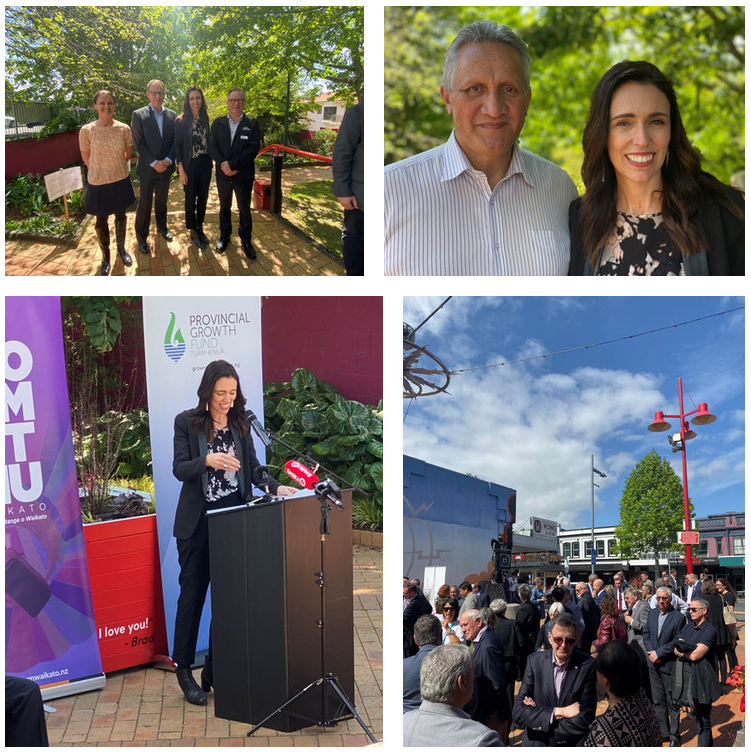 Collage of photos from Jacinda Ardern speaking on the Provincial Growth Fund support of the Waikato Regional Theatre.