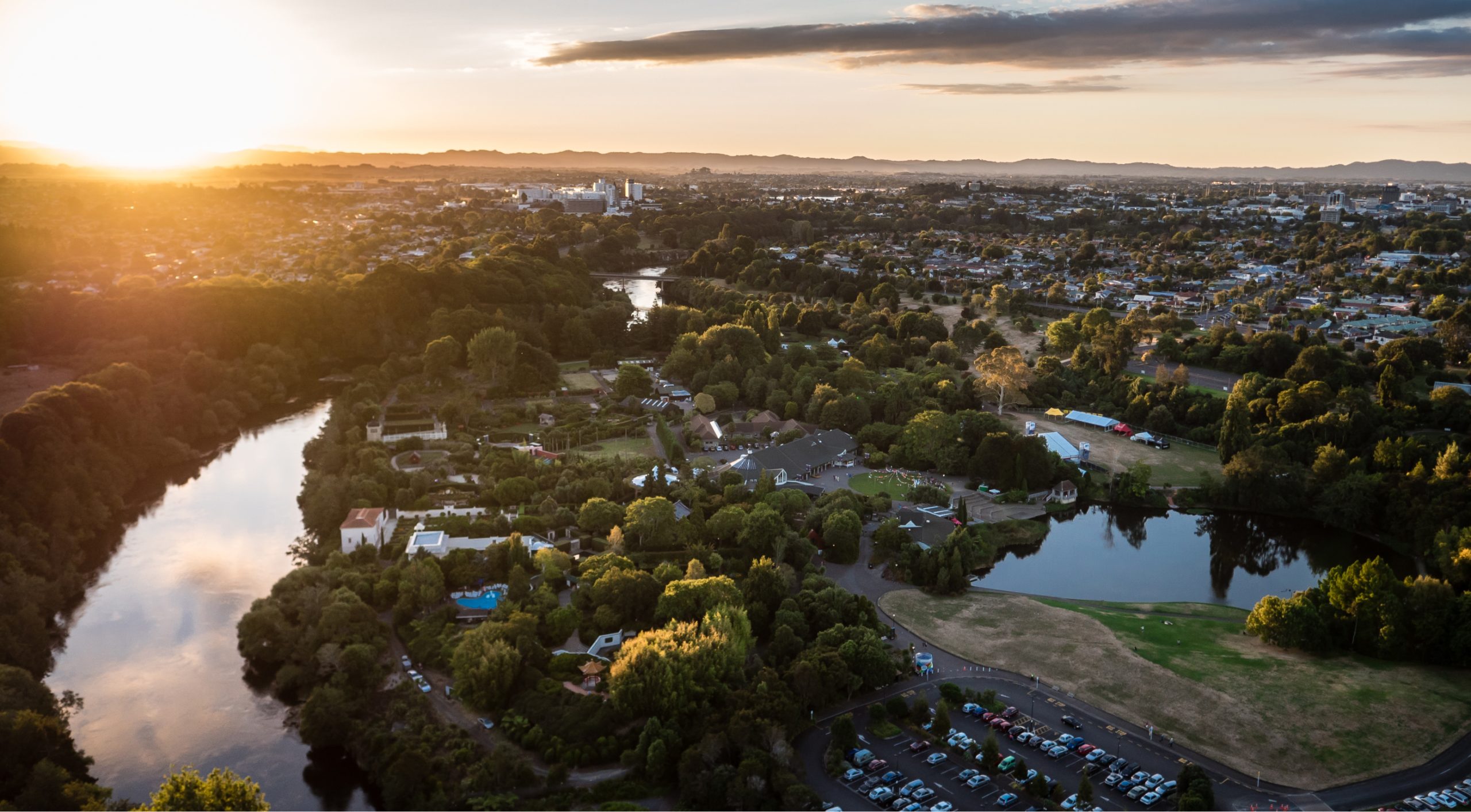 Aerial shot of Hamilton Gardens and Waikato River at dusk