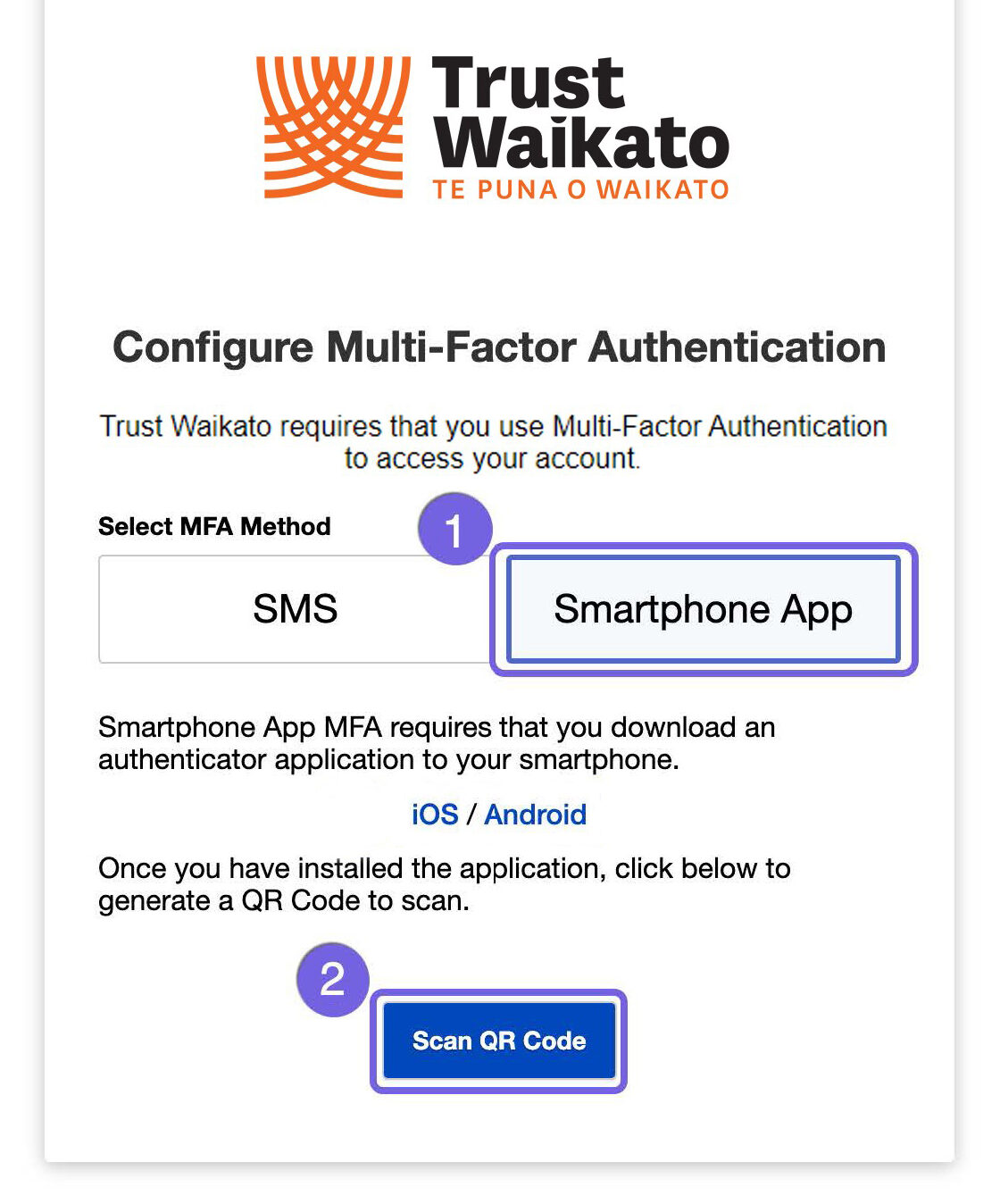 Trust Waikato grantee portal MFA configuration screen showing to select smartphone app and to scan QR code. 