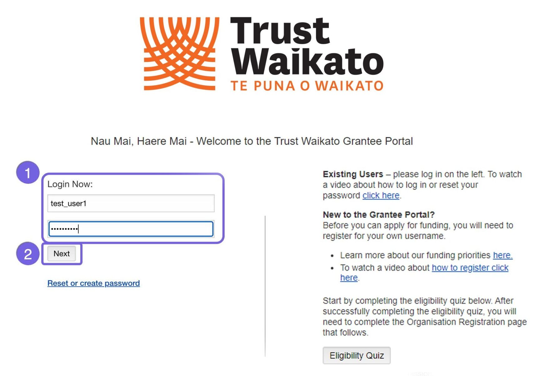 Trust Waikato grantee portal login page indicating where to enter username and password details to proceed.