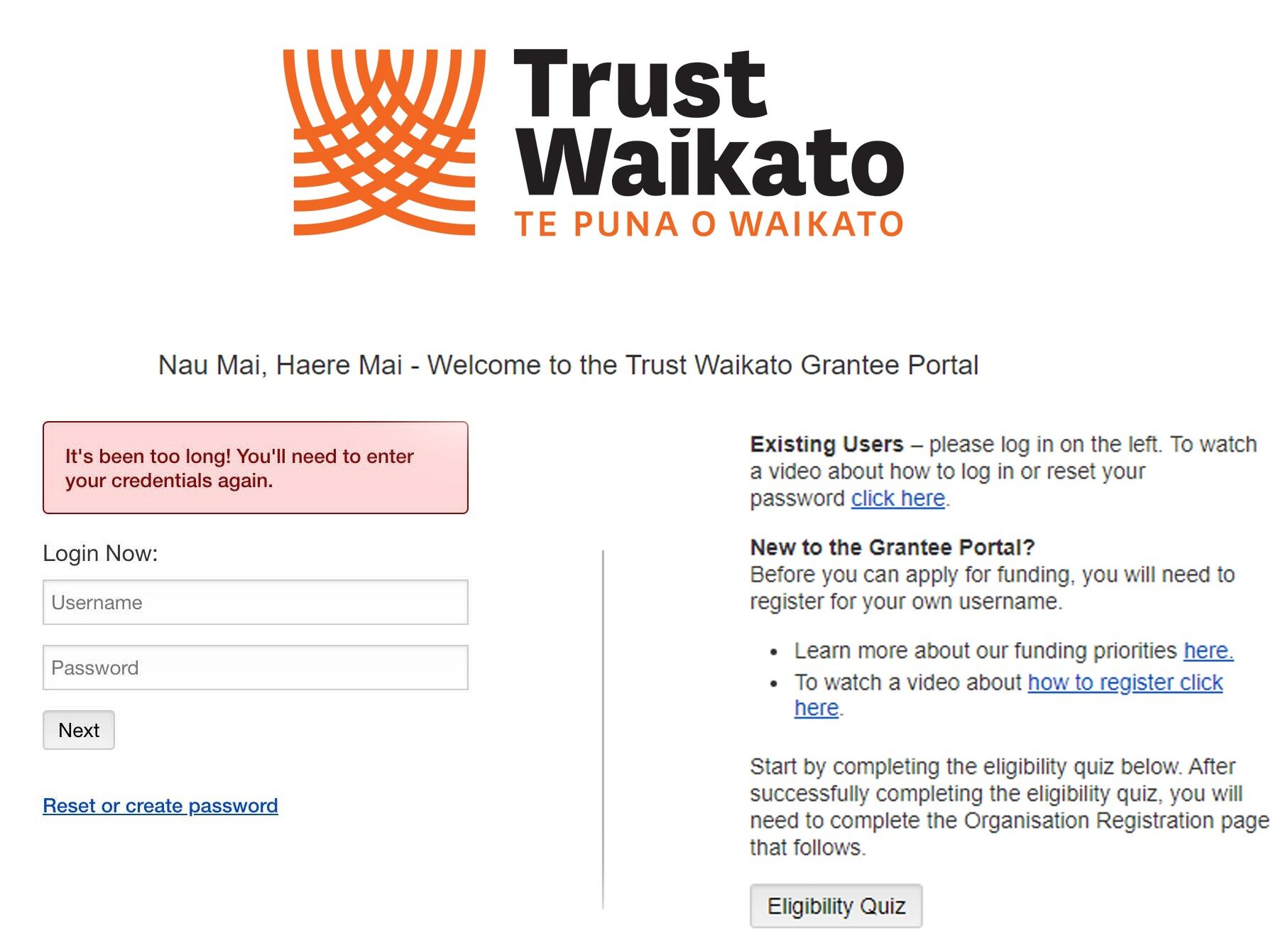 Trust Waikato grantee portal login page showing an error message that requires credentials entered again.