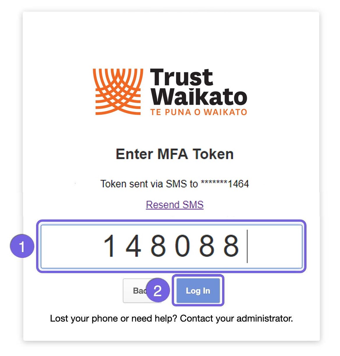 Grantee portal screen requiring six-digit MFA token sent via text message to be entered before logging in.