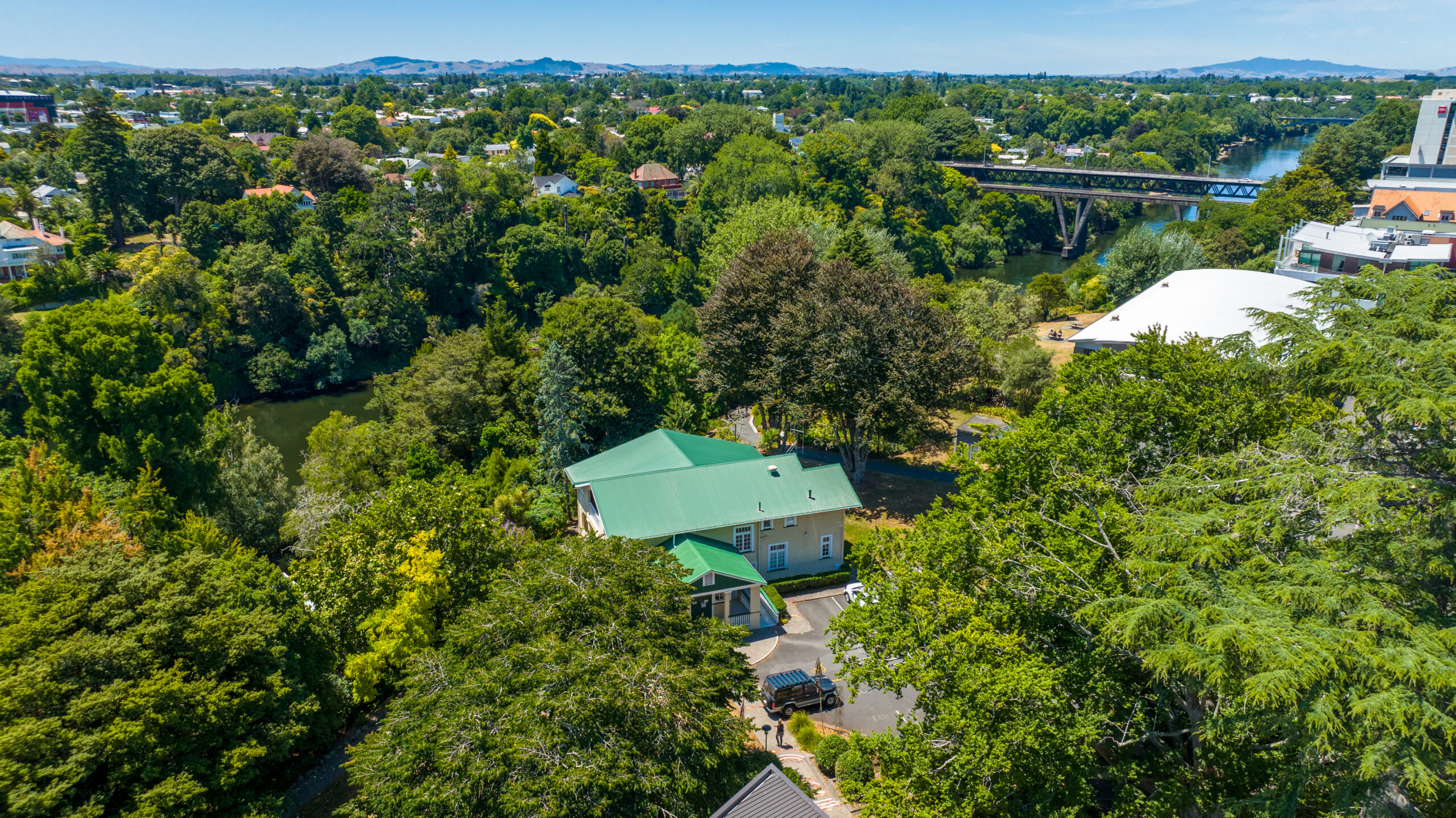 Aerial shot of the Trust Waikato office, Trust House, the Waikato river and surrounds