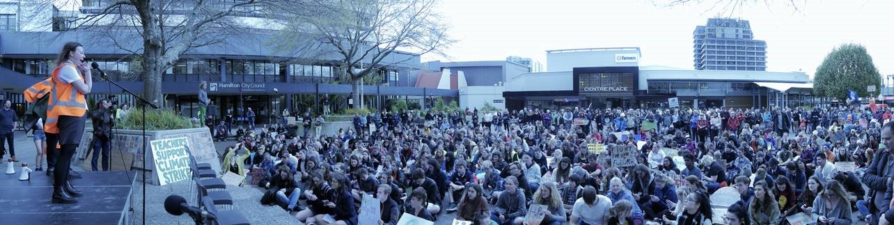 Student organised climate march outside Centre Place in Kirikiriroa Hamilton in 2009.