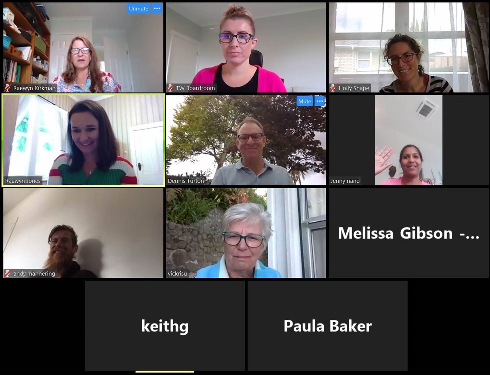 Screenshot of Waikato Funders on video call together. 
