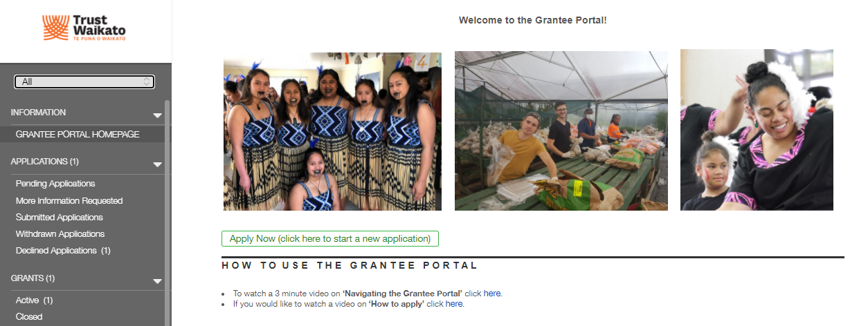 Grantee portal home page when successfully logging in.